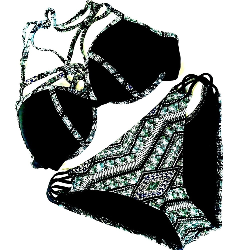 Ambrielle Bikini Swim Suit Southwest Tribal Aztec L High Strappy Turquoise Black